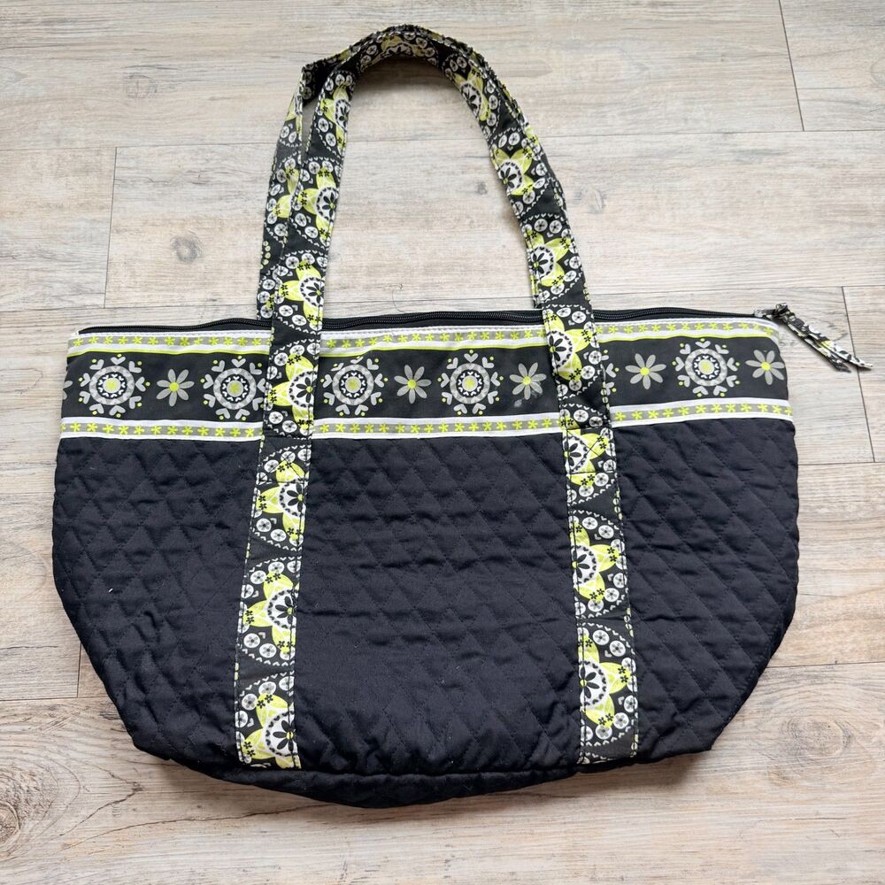 Vera Bradley Large Weekender Duffle Tote Black Lime Green Quilt Travel Overnight